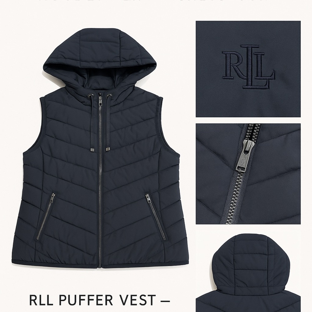 Lauren Ralph lauren Navy Quilted Puffer Vest Hooded Zip Front RLL Logo Size Med. - Picture 11 of 15